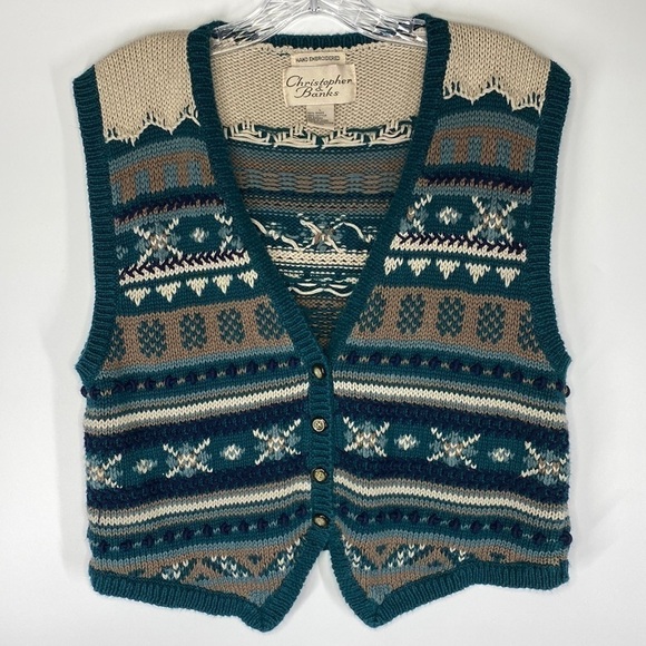 Christopher & Banks Fair Isle Knit Blue Cream Button Sweater Vest Large - Picture 1 of 4